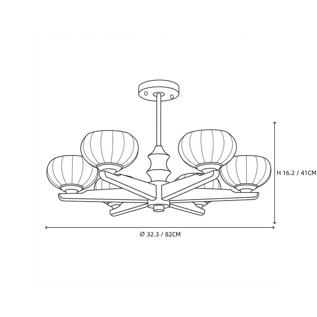 Modern Wood and Pleated Glass Ceiling Light Style A Line Art Dimension Diagram