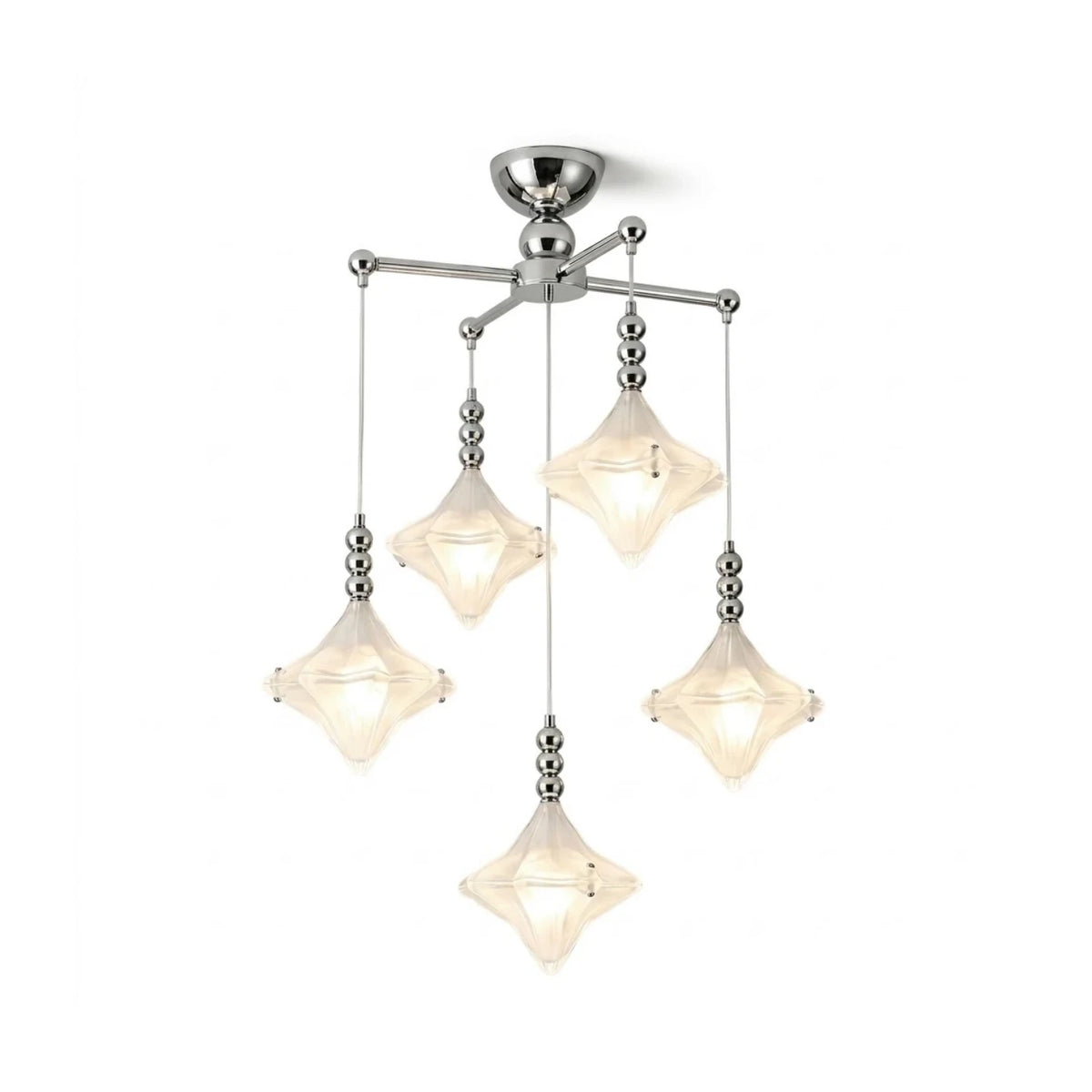 Modern Multi-Light Diamond Faceted Art Glass Chandelier with Brushed Nickel Canopy on Pure White Background