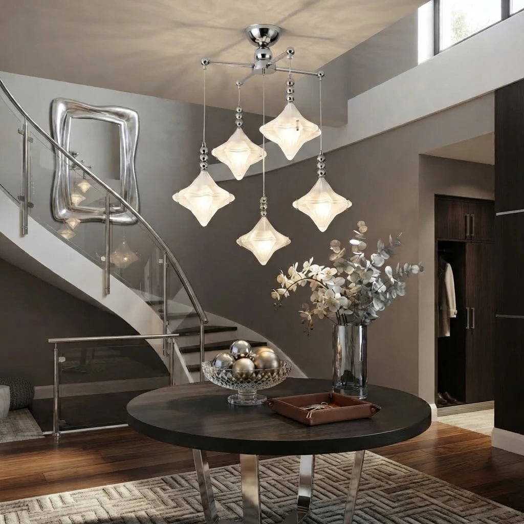 Modern Multi-Light Art Glass Chandelier in Foyer Stairway Setting