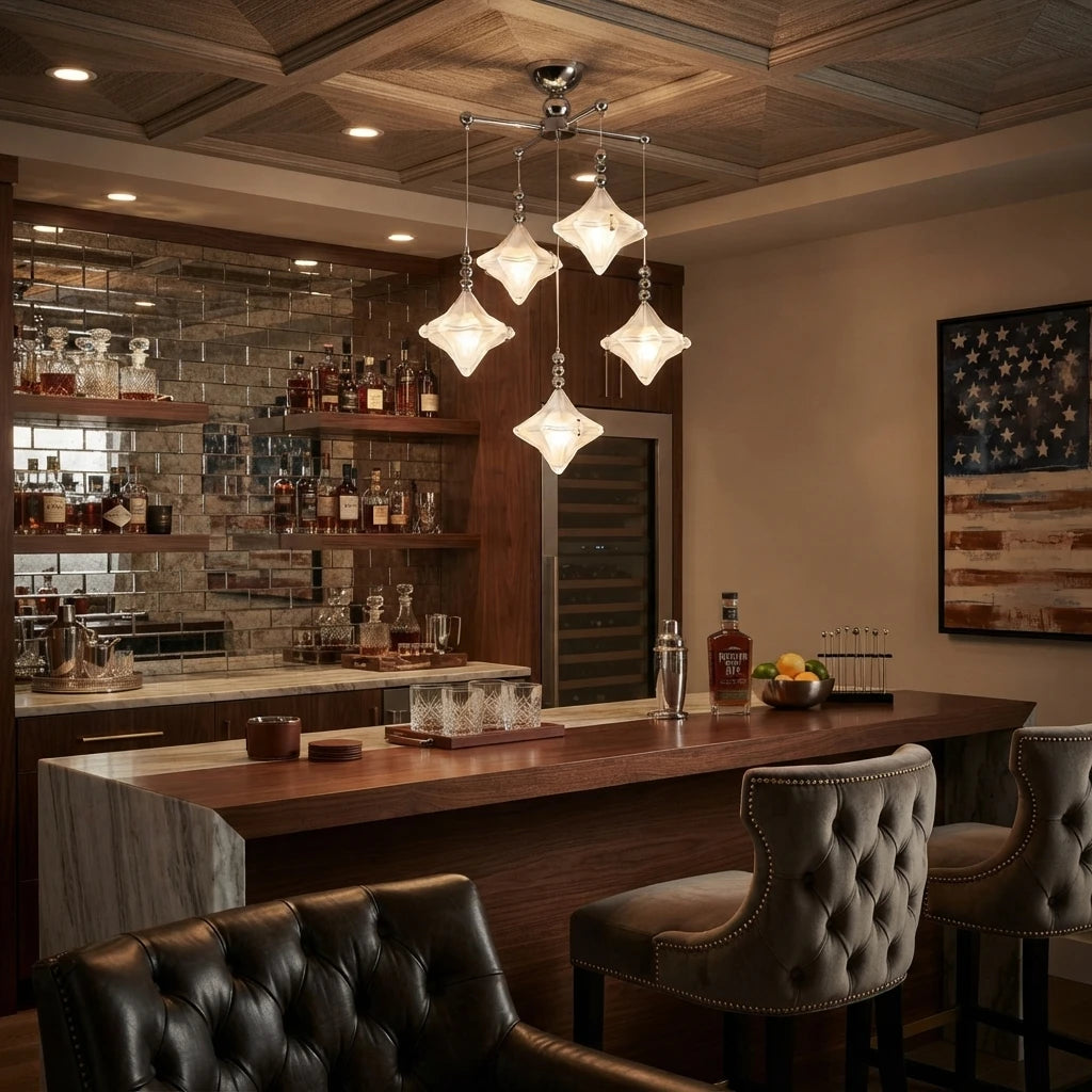 Modern Diamond Faceted Glass Chandelier Over Bar Counter