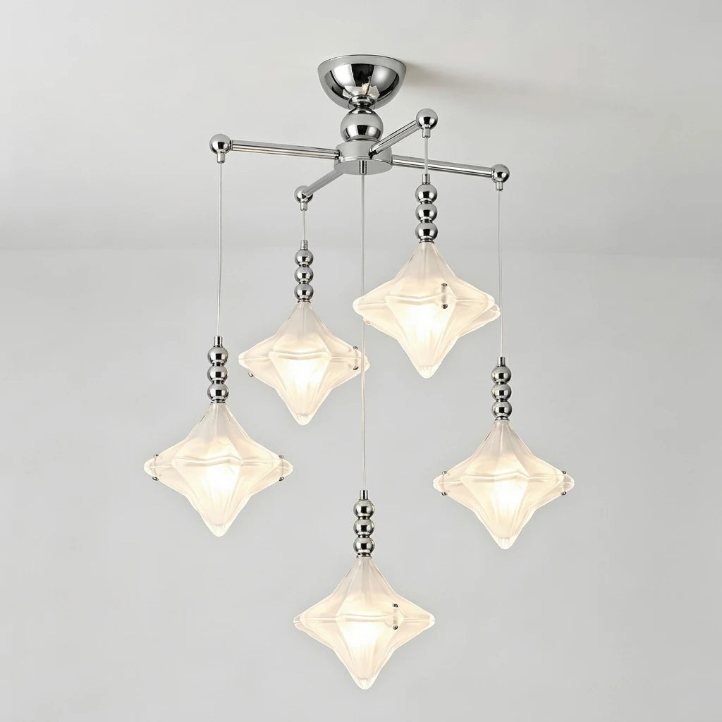 Illuminated Modern Multi-Light Diamond Faceted Art Glass Chandelier Studio Shot