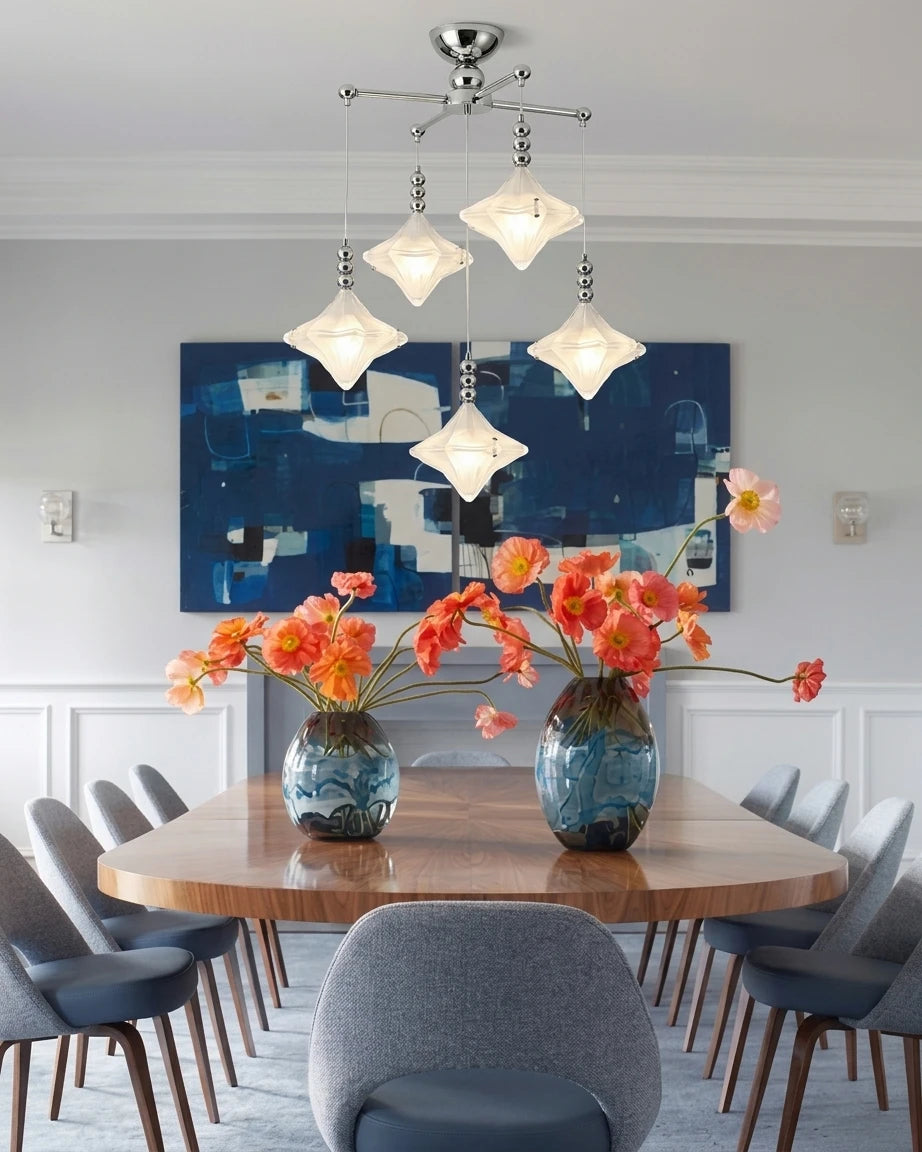 Modern Diamond Faceted Art Glass Chandelier Over Dining Room Table