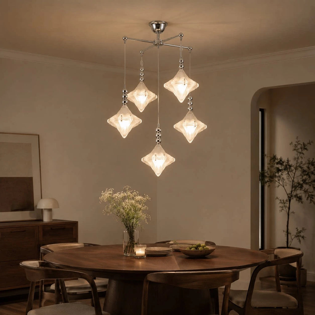 Modern Diamond Faceted Glass Chandelier in Elegant Dining Room