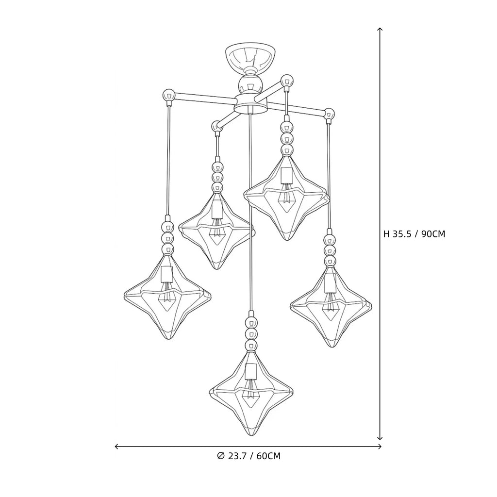 Modern Multi-Light Diamond Faceted Art Glass Chandelier Line Art Dimension Diagram