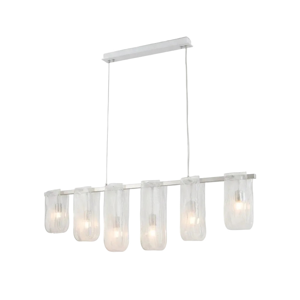 Modern Linear Glass Chandelier with Silver Canopy on Pure White Background
