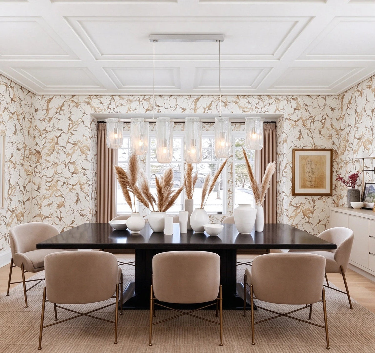 Modern Linear Glass Chandelier in Elegant Dining Room