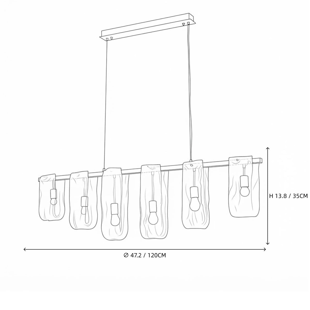 Modern Linear Glass Chandelier Line Art Dimension Diagram