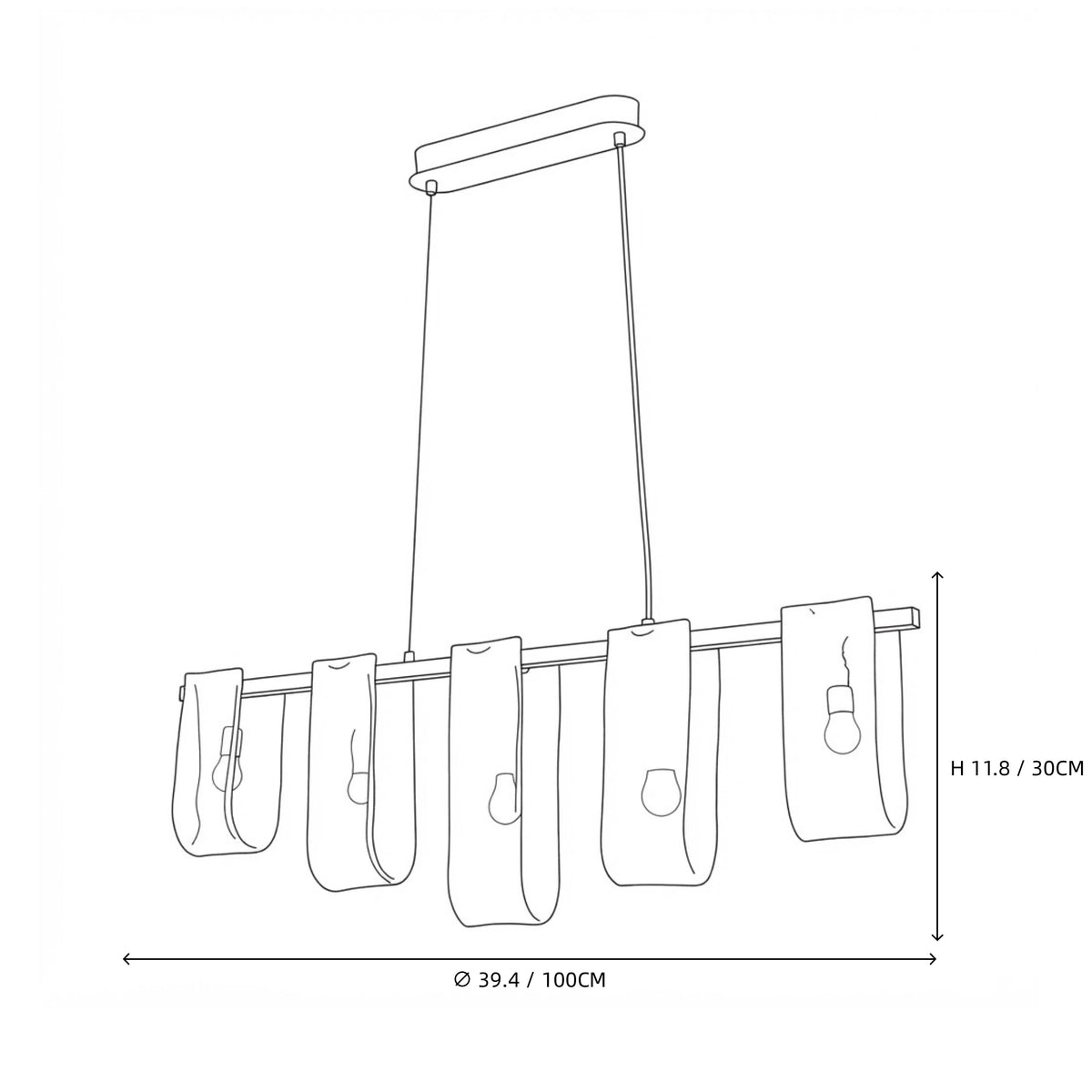 Modern Long Linear Glass Chandelier Line Art Dimension Diagram