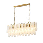Modern Brass and Linear Fringe Art Glass Chandelier with Gold Canopy on Pure White Background
