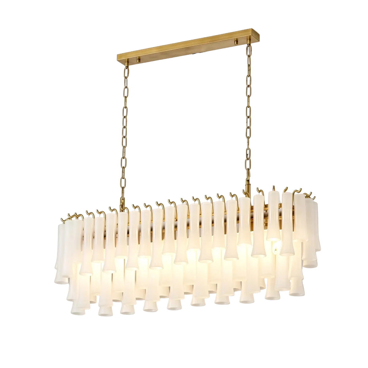 Modern Brass and Linear Fringe Art Glass Chandelier with Gold Canopy on Pure White Background