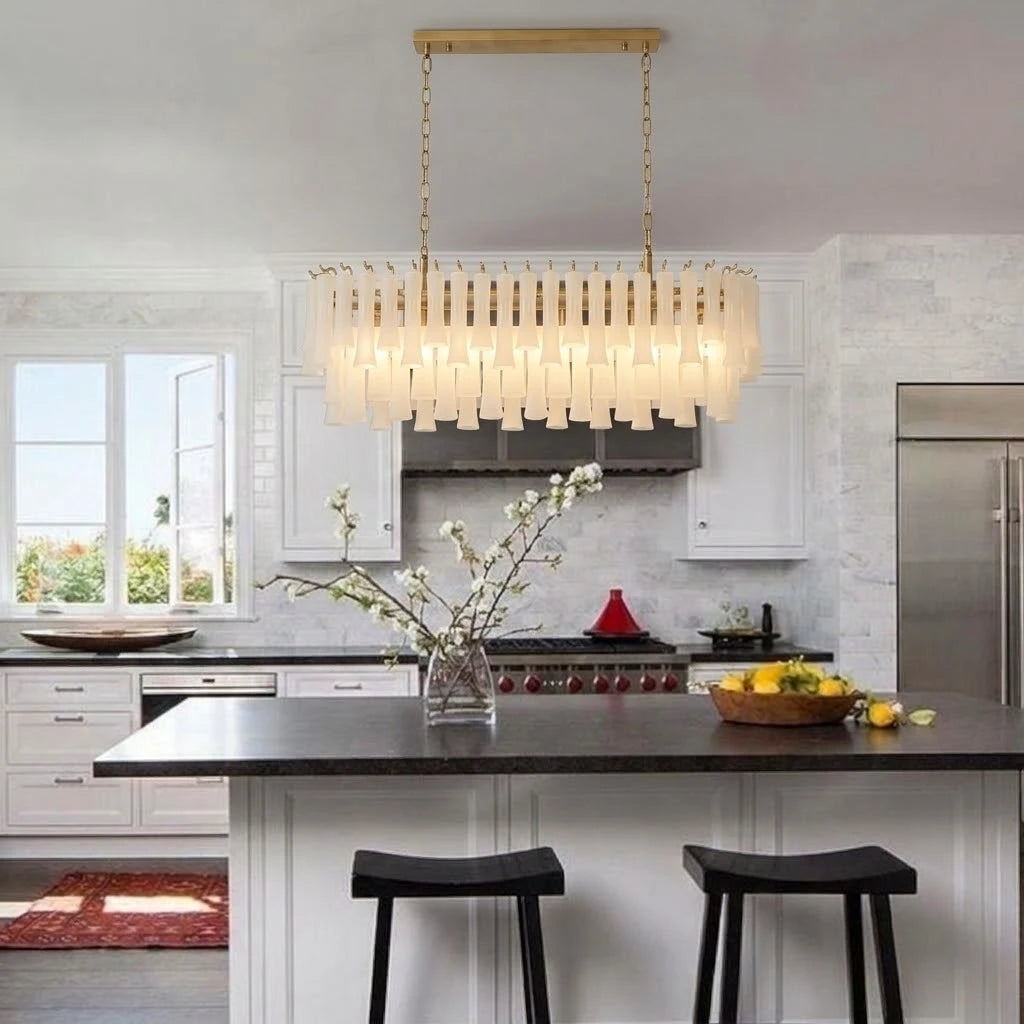 Modern Linear Fringe Art Glass Chandelier in Kitchen Setting
