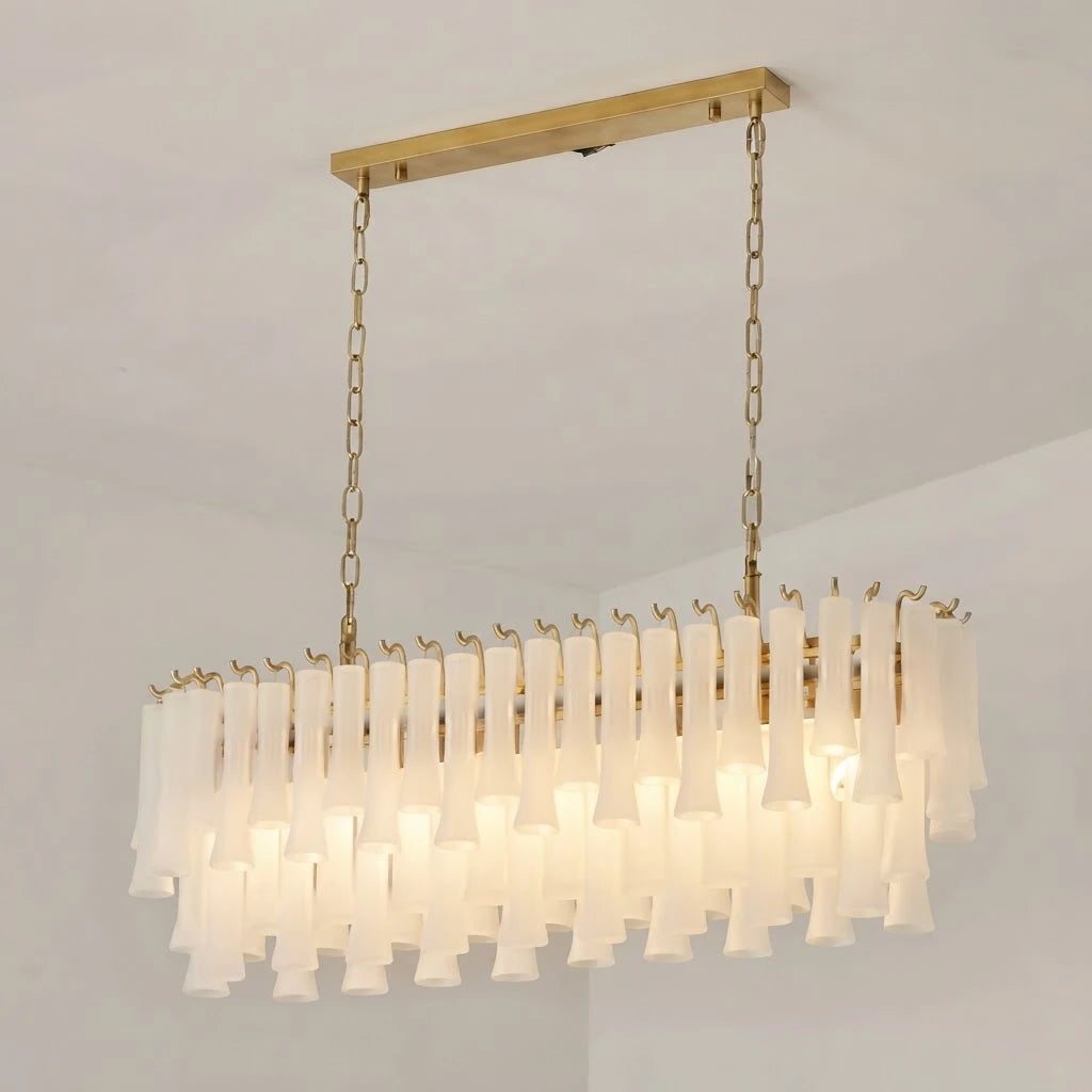Illuminated Modern Brass and Linear Fringe Art Glass Chandelier Studio Shot