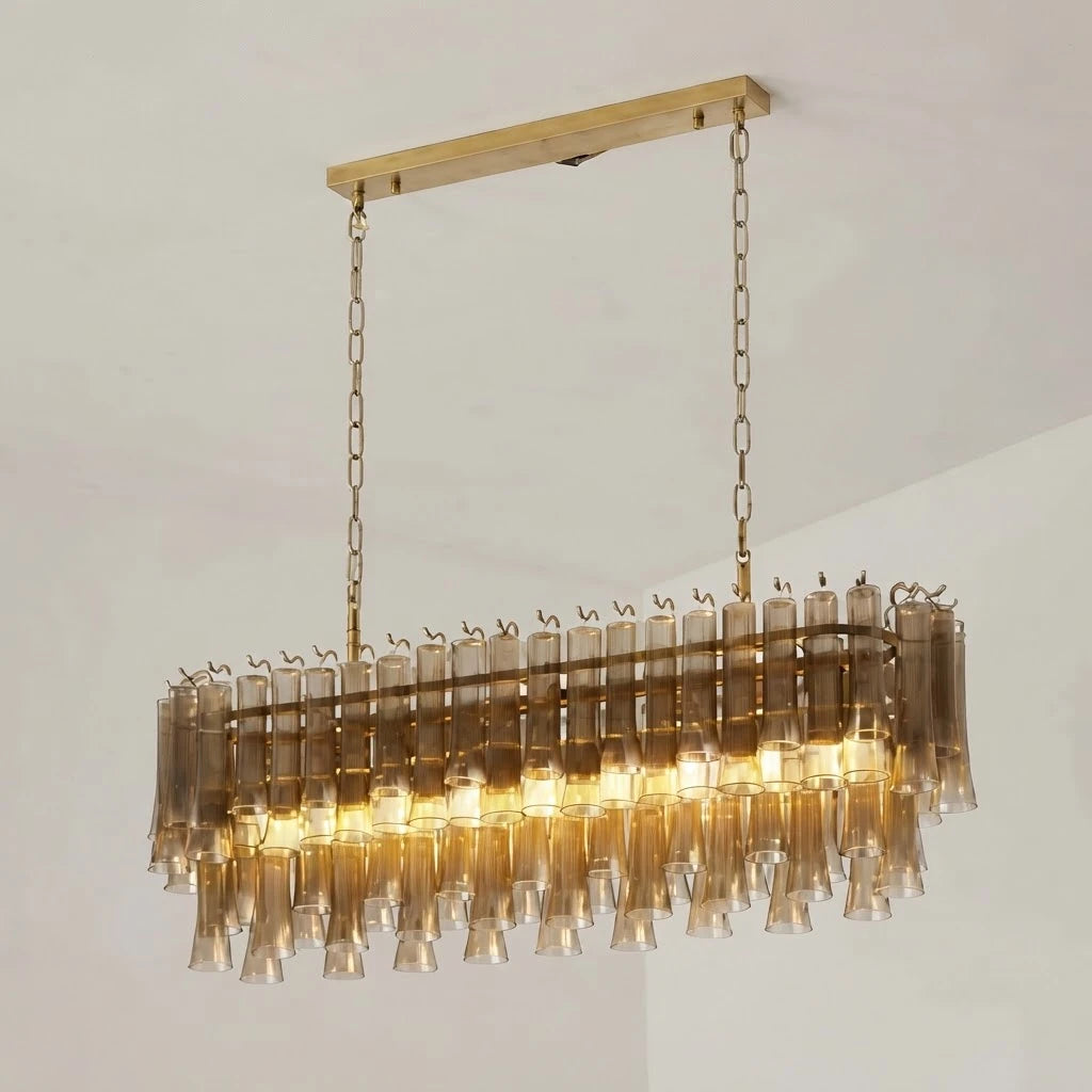 Illuminated Modern Warm Linear Fringe Chandelier Studio Display