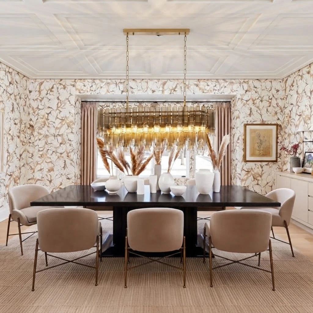 Modern Linear Fringe Art Glass Chandelier in Stylish Dining Room