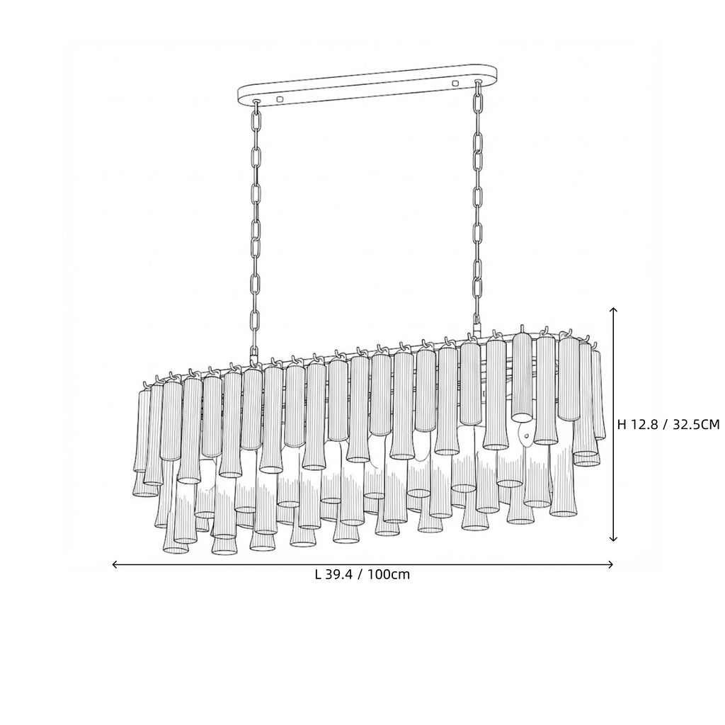 Modern Linear Fringe Art Glass Chandelier Line Art Dimension Diagram