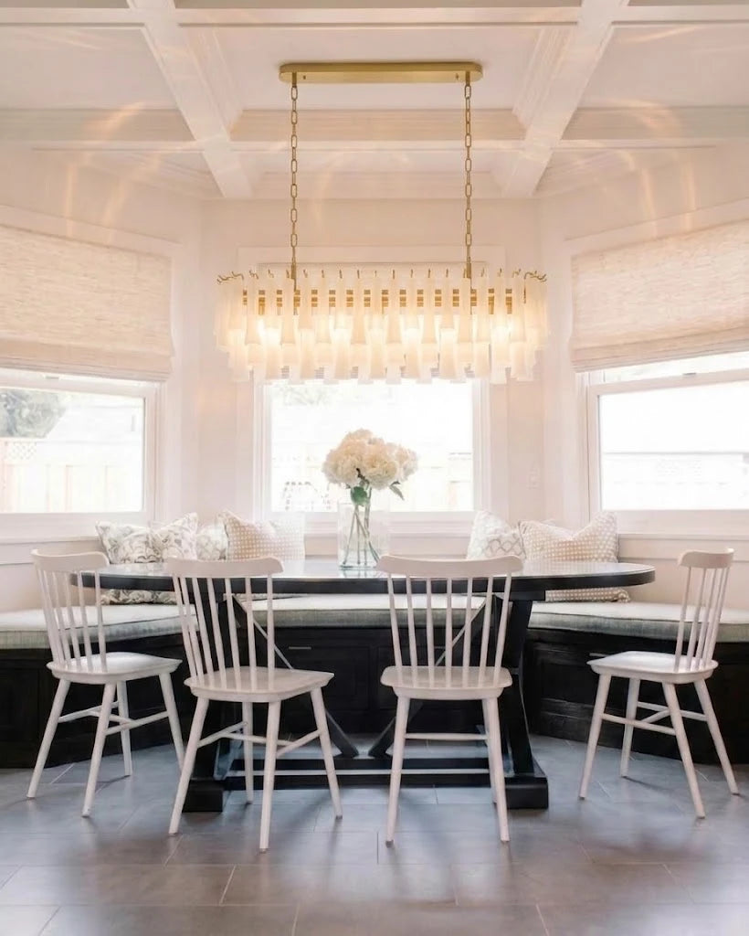 Modern Linear Fringe Art Glass Chandelier Over Long Dining Table