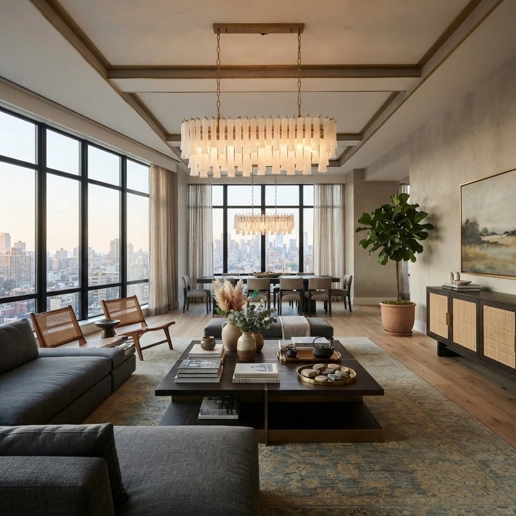 Modern Brass Linear Fringe Chandelier in Grand Living Space