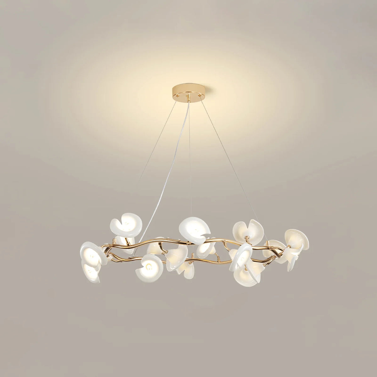 Illuminated Modern Gold Branch and White Flower Ring Chandelier Studio Shot