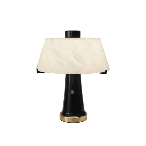 Modern Alabaster Shade Accent Table Lamp with Black and Brass Base on Pure White Background