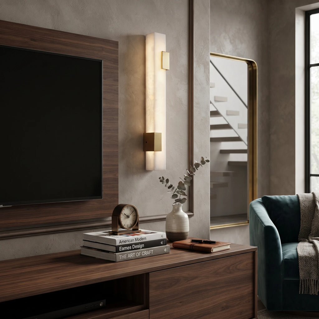 Vertical Alabaster Wall Sconce Mounted in Modern Living Room