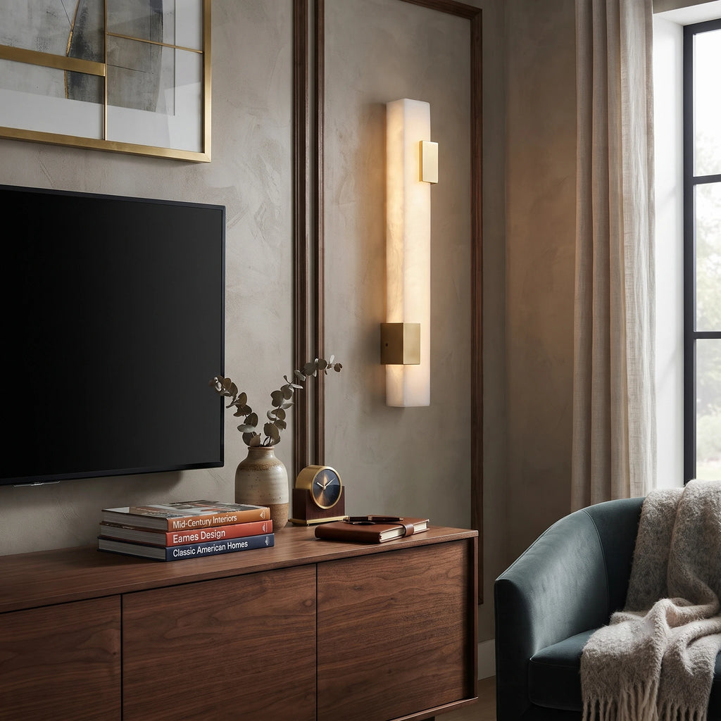 Brass and Alabaster Linear Sconce above Wooden Credenza