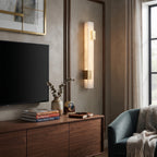 Brass and Alabaster Linear Sconce above Wooden Credenza