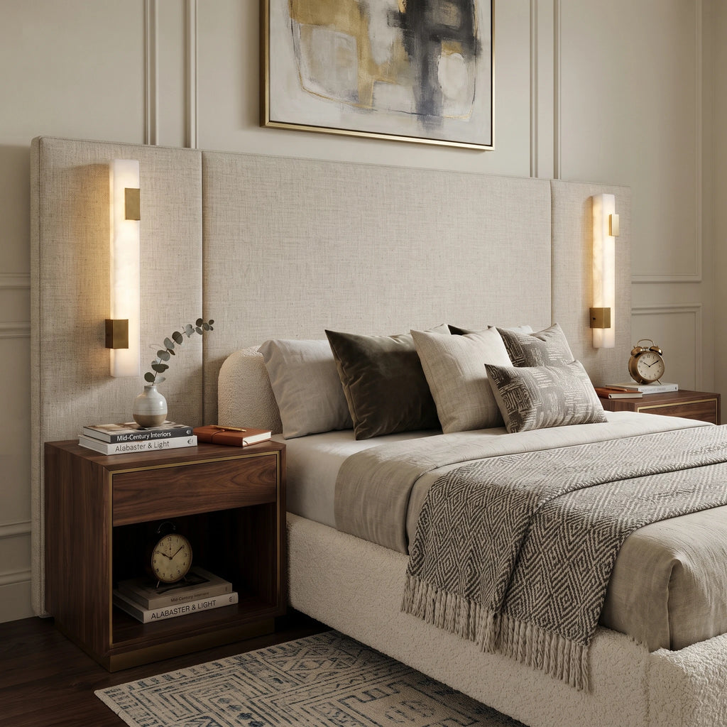 Pair of Vertical Alabaster Wall Lights Flanking Bedroom Bed