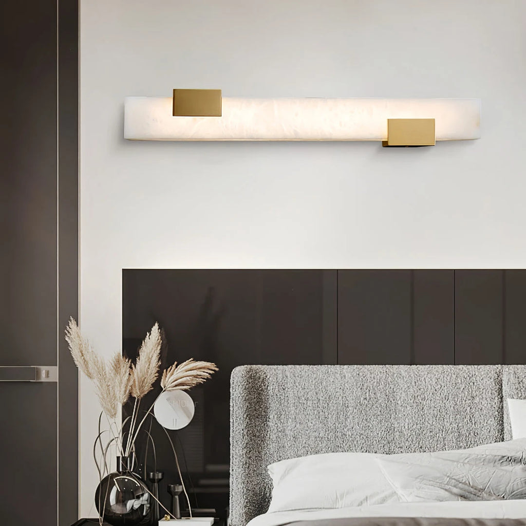 Horizontal Alabaster Wall Light Installed above Bed Headboard