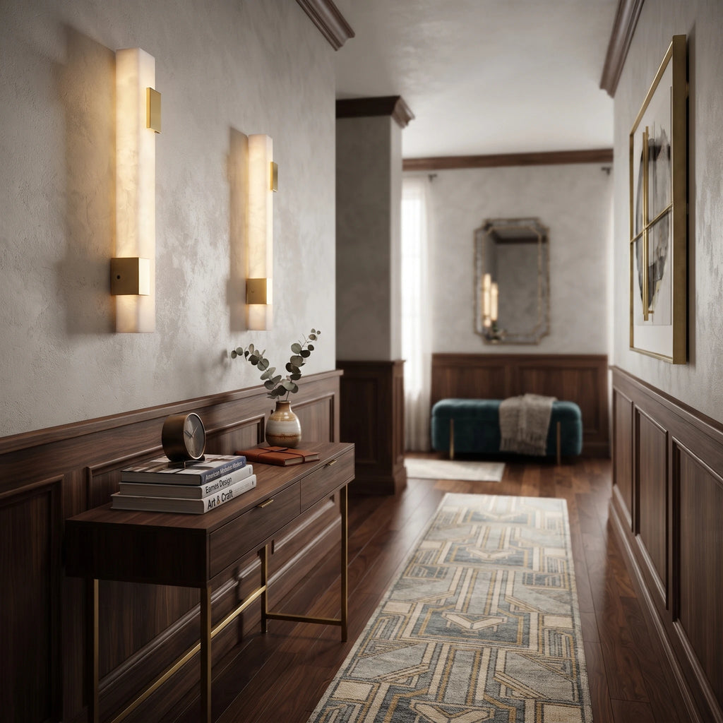 Linear Alabaster Sconces Lighting a Modern Hallway