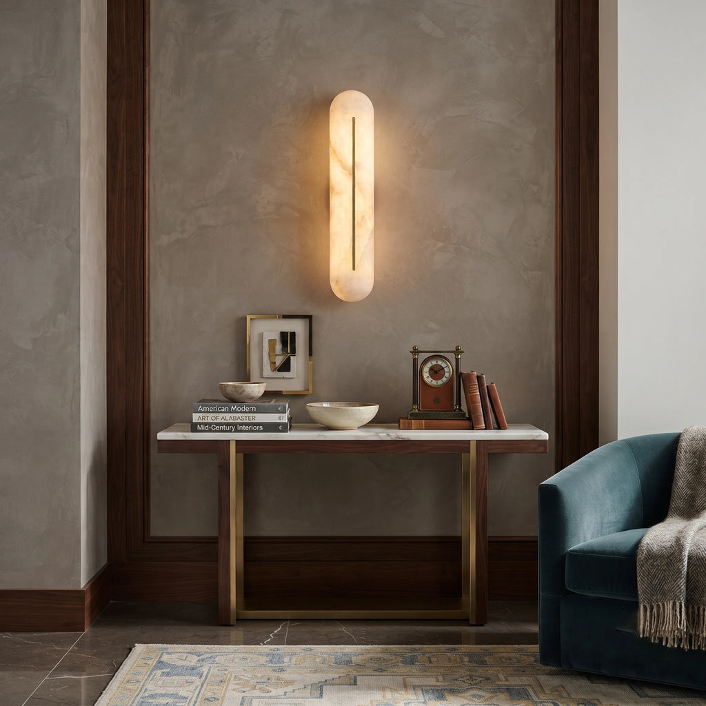 Capsule Alabaster LED Sconce Light Over Living Room Console