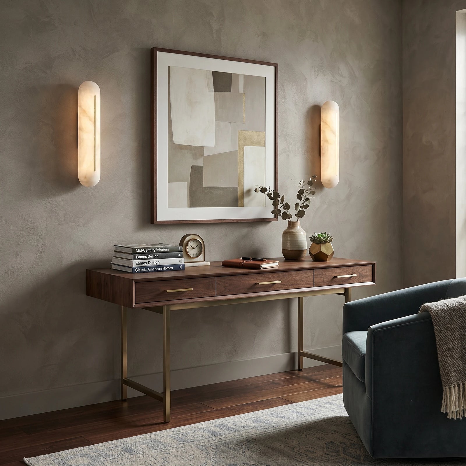Pair of Oval Alabaster Sconces Flanking Living Room Artwork