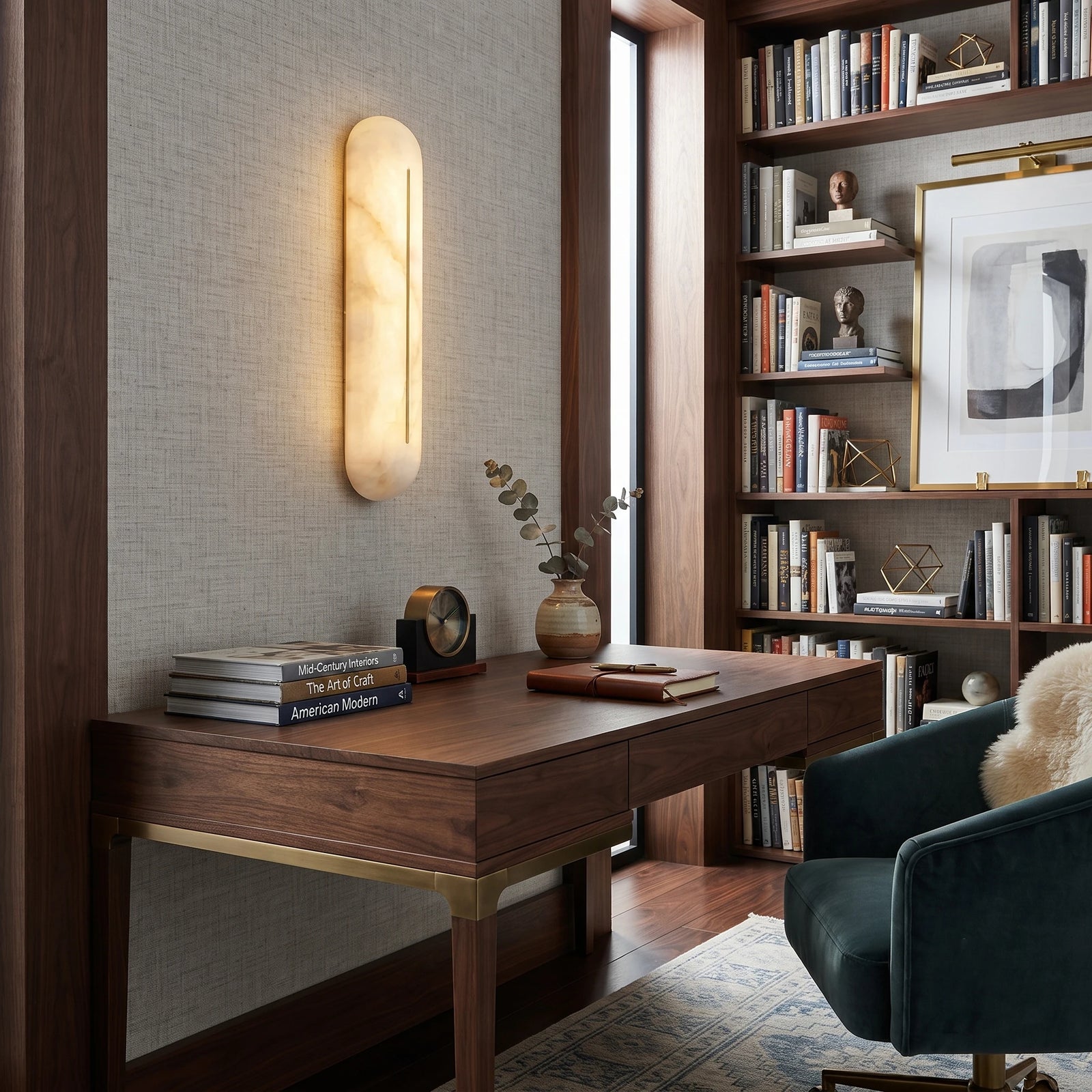 Oval Alabaster Wall Sconce Over Home Office Wooden Desk