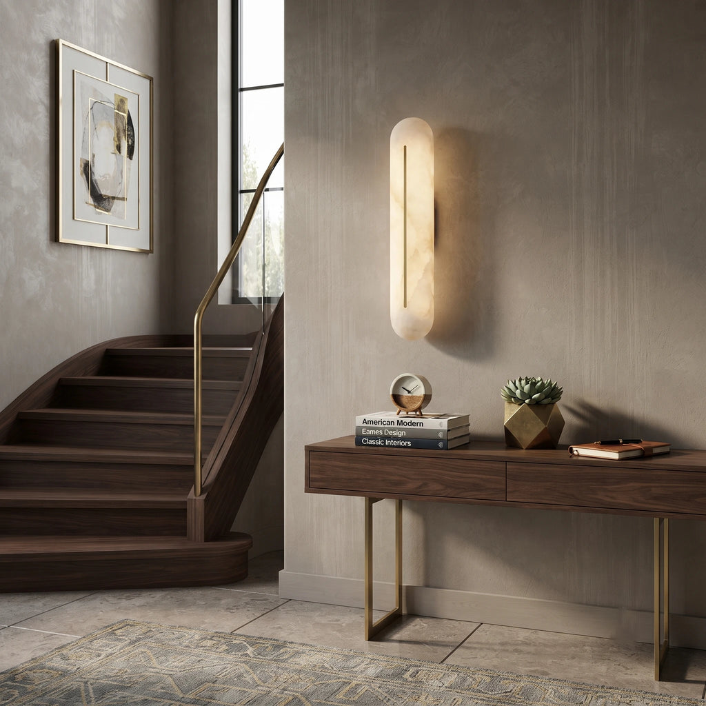 Capsule Alabaster LED Wall Light Installed Near Stairway Nook