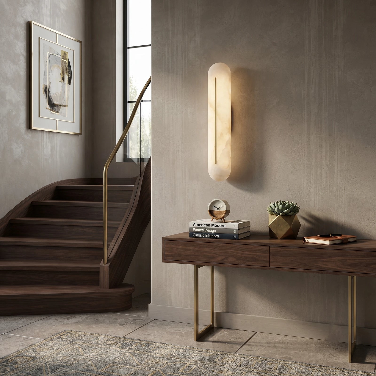 Capsule Alabaster LED Wall Light Installed Near Stairway Nook
