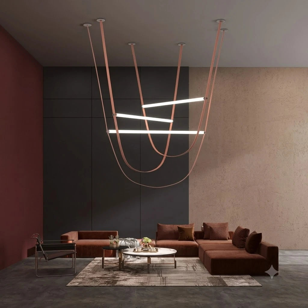 Large sculptural loop chandelier in a double-height modern residence
