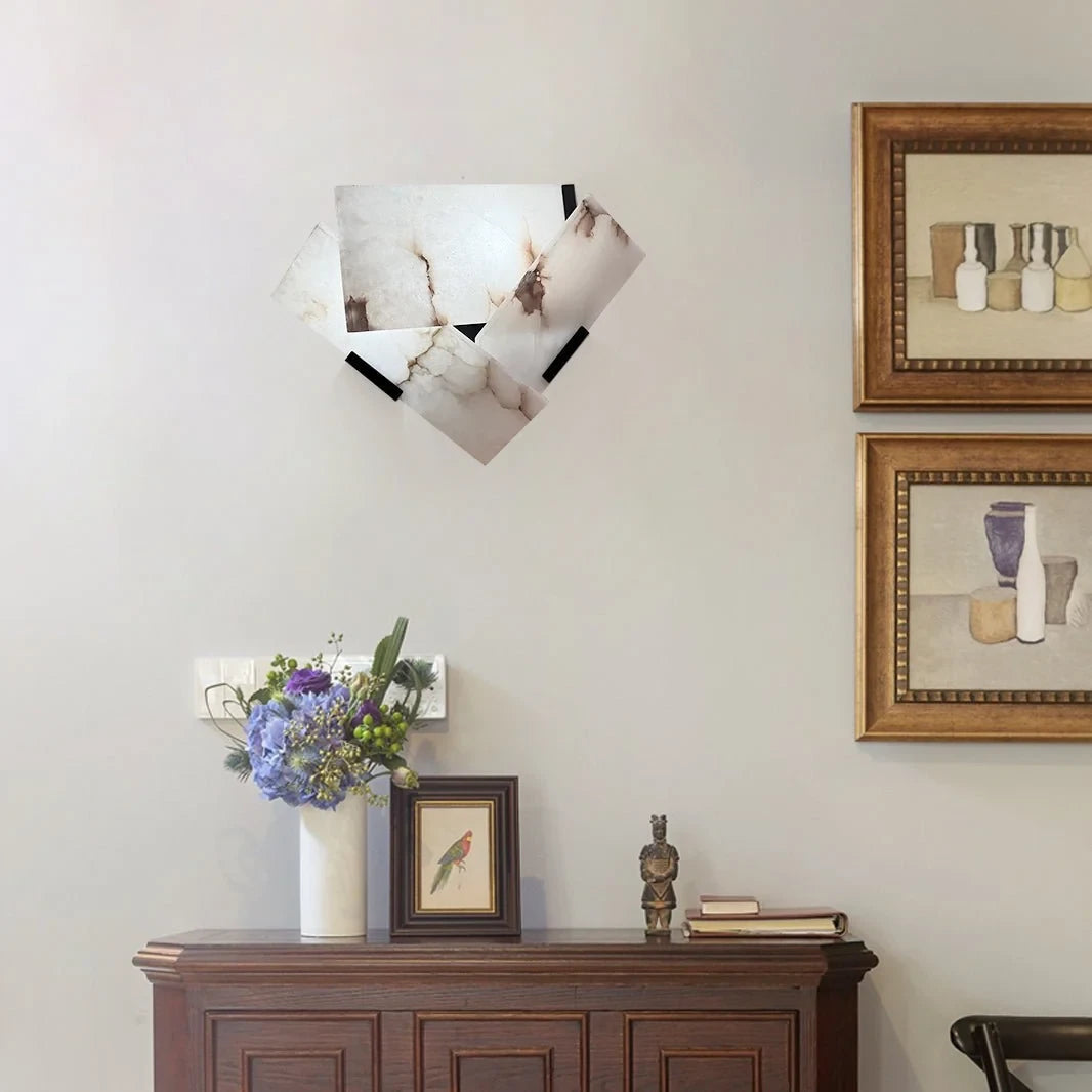 Geometric Alabaster Wall Sconce over Vintage Wooden Credenza