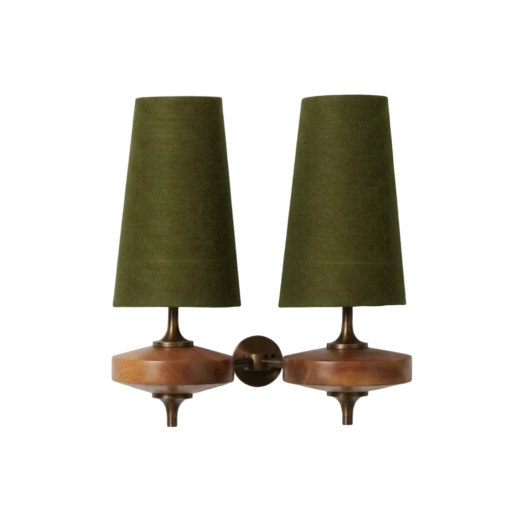 Modern Wood and Green Fabric Cone Double Wall Sconce on Pure White Background