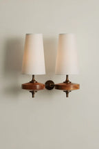 Illuminated Modern Beige Fabric Cone Double Wall Sconce Studio Shot