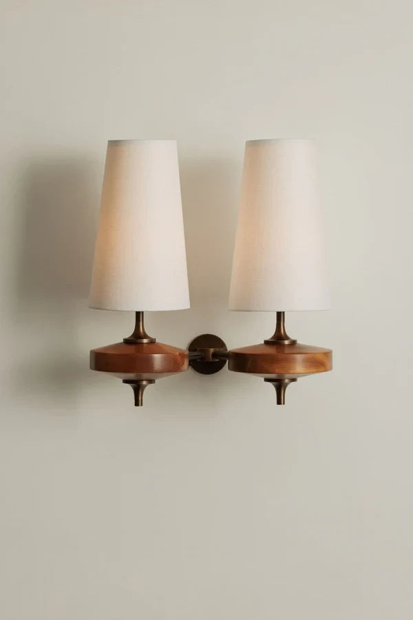 Illuminated Modern Beige Fabric Cone Double Wall Sconce Studio Shot