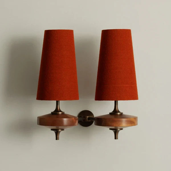 Illuminated Modern Orange-Red Fabric Cone Double Wall Sconce Studio Shot
