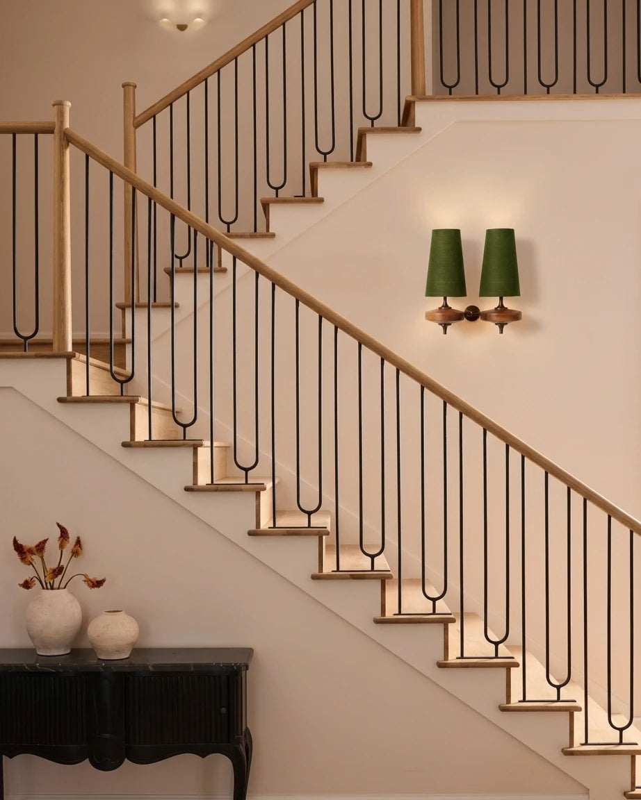 Modern Wood and Fabric Wall Sconces Along Staircase