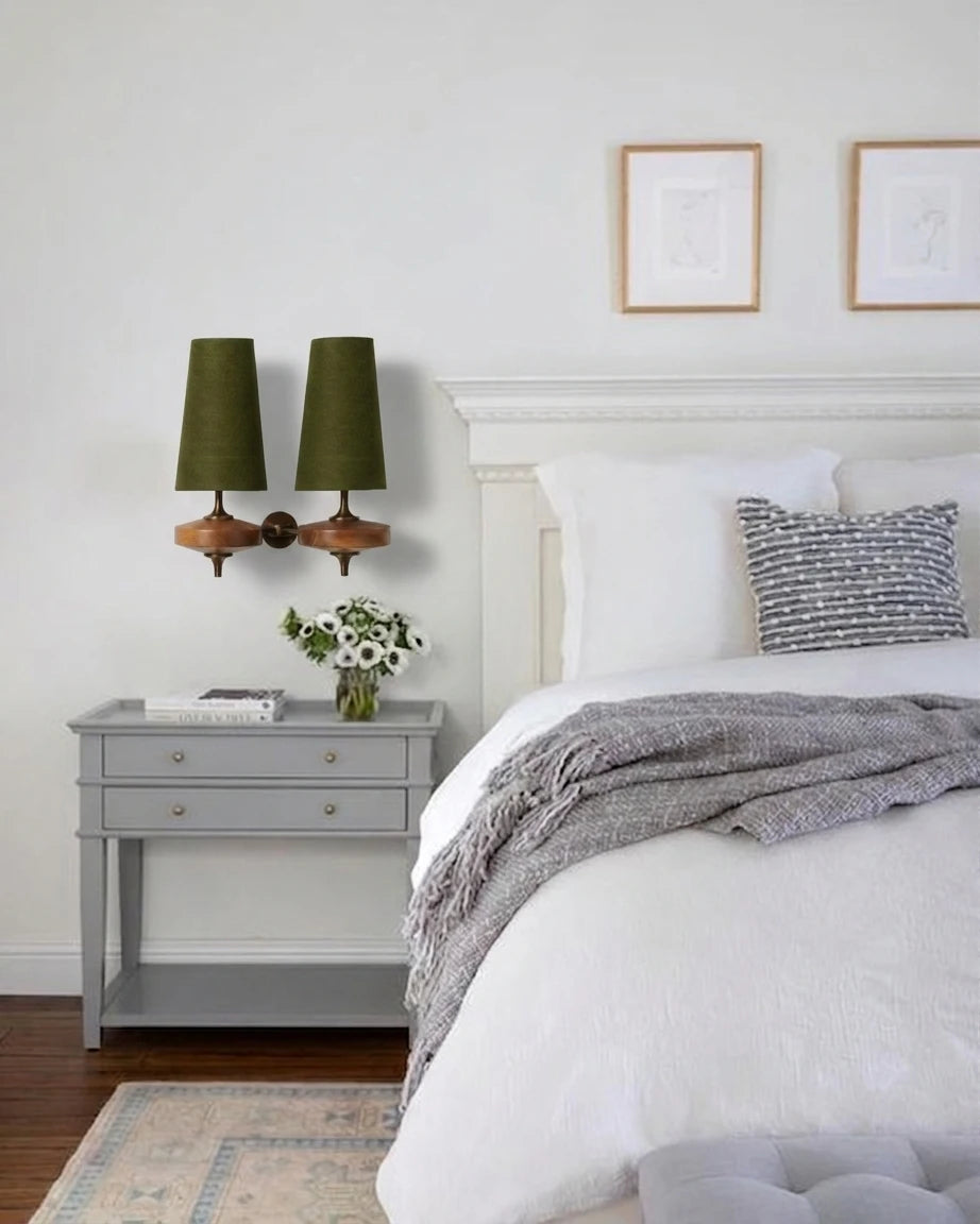 Modern Wood and Fabric Wall Sconces in Bedroom Interior