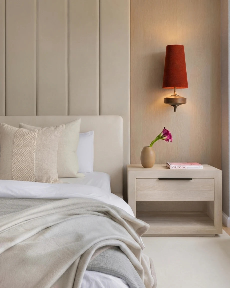 Modern Fabric Cone Wall Sconce in Master Bedroom Setting