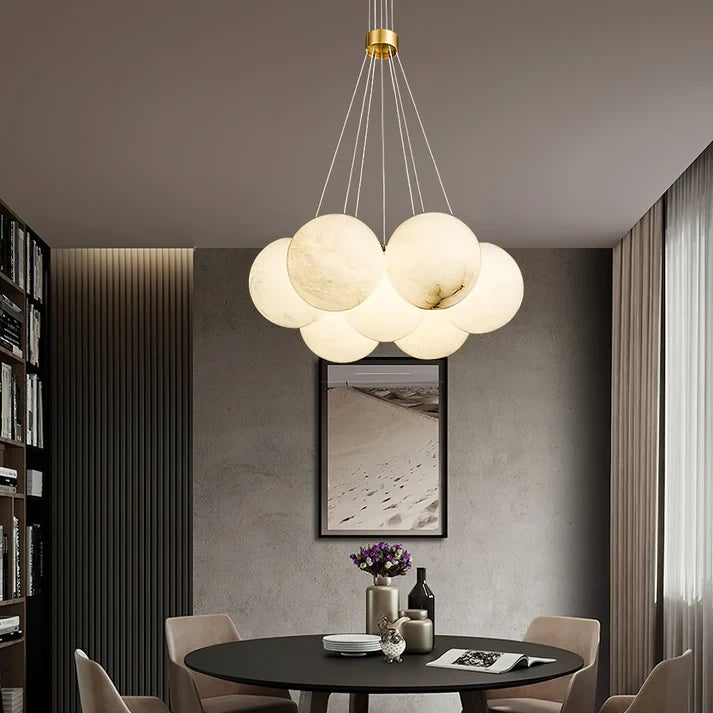 Modern Alabaster Globe Cluster Chandelier Over Dining Room Table