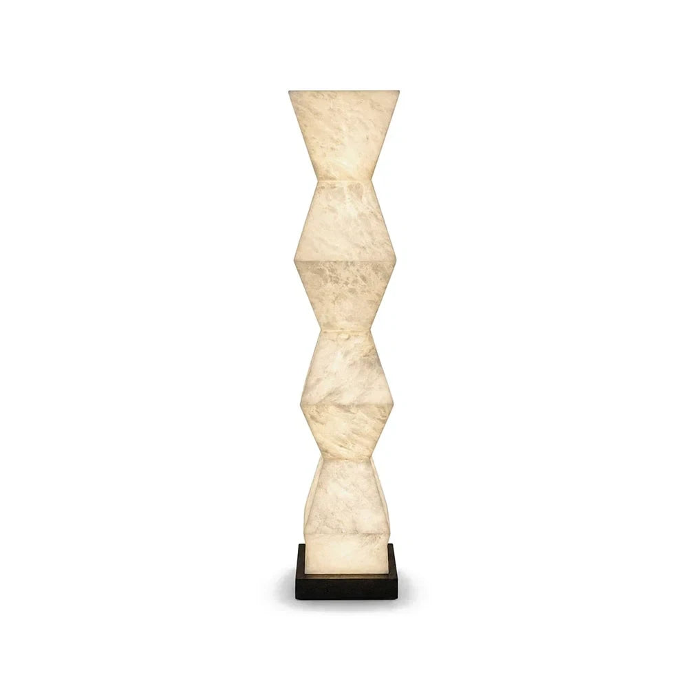 Modern Geometric Alabaster Tower Floor Lamp with Black Base on Pure White Background