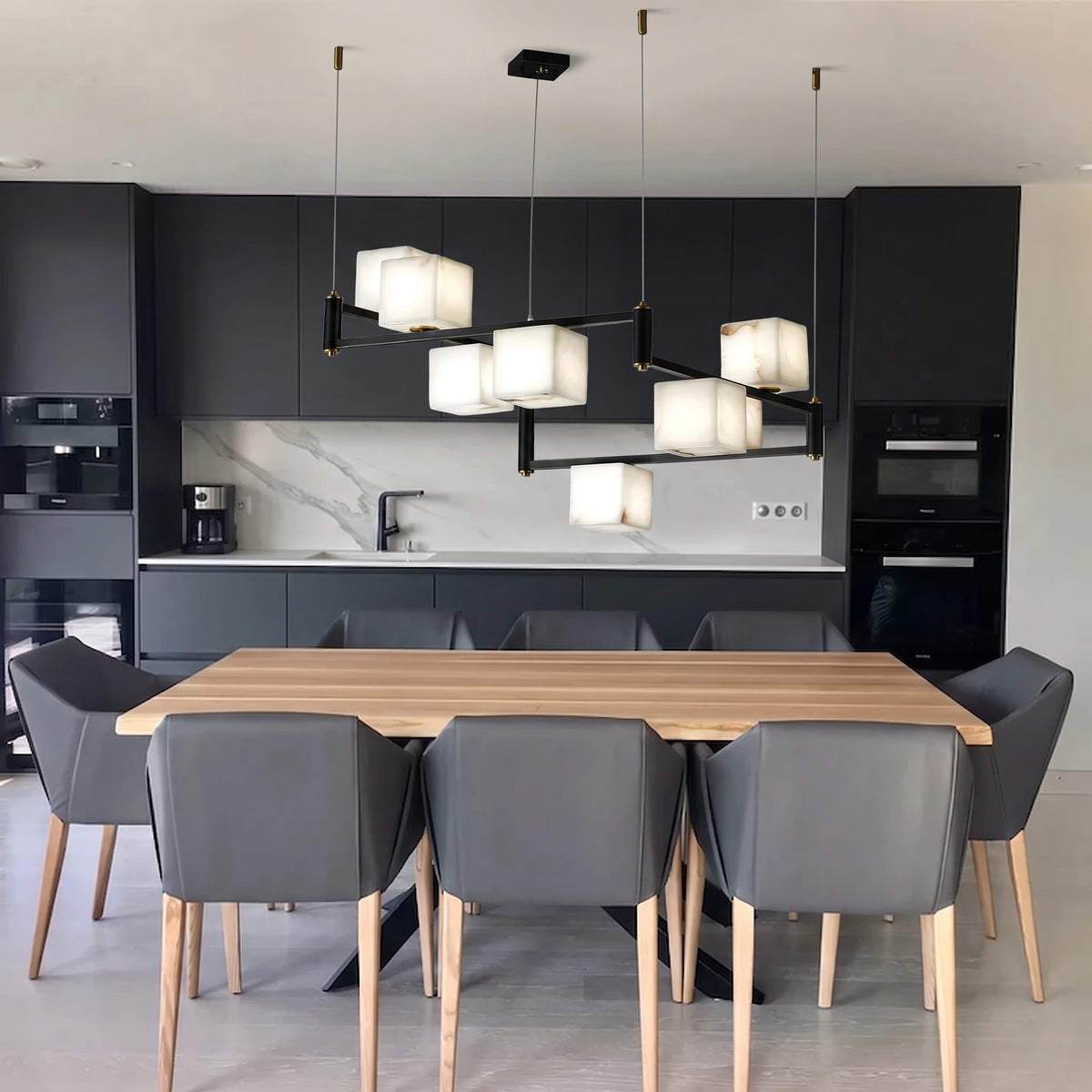 Alabaster Cube Linear Chandelier Over Kitchen Dining
