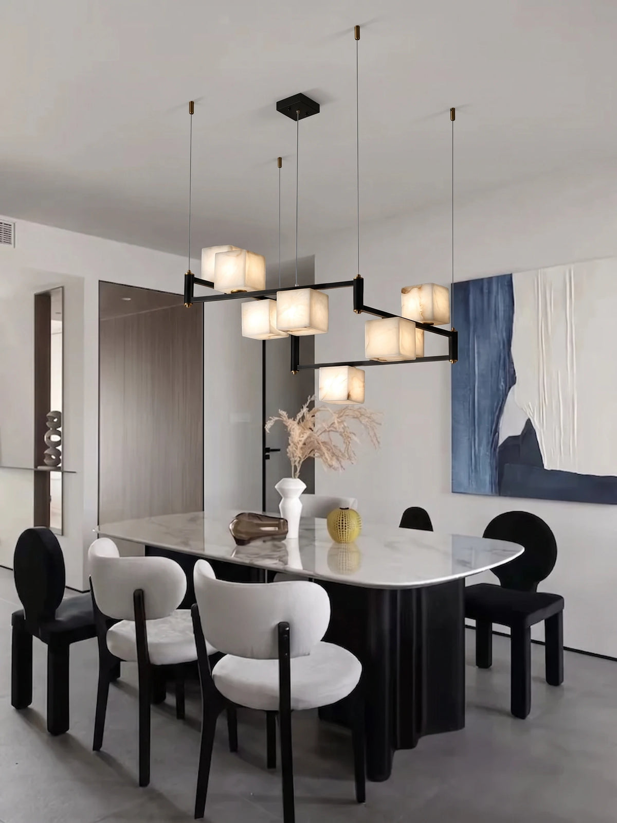 Contemporary Alabaster Cube Chandelier Over Dining Set