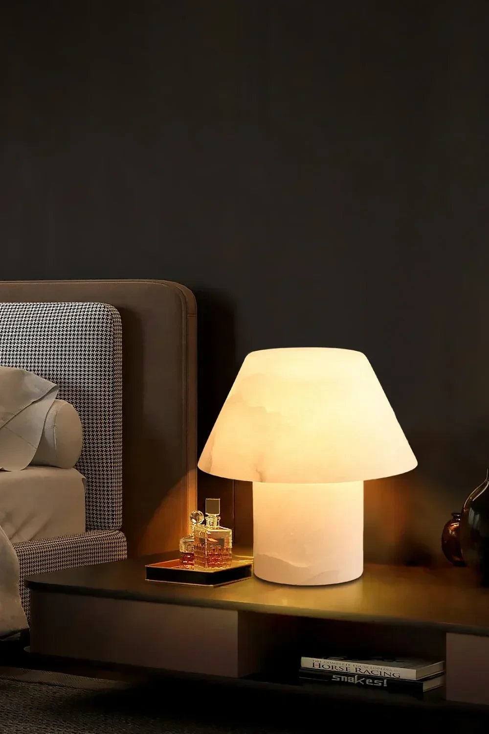 Modern Alabaster Bedside Lamp on Dark Wood Nightstand