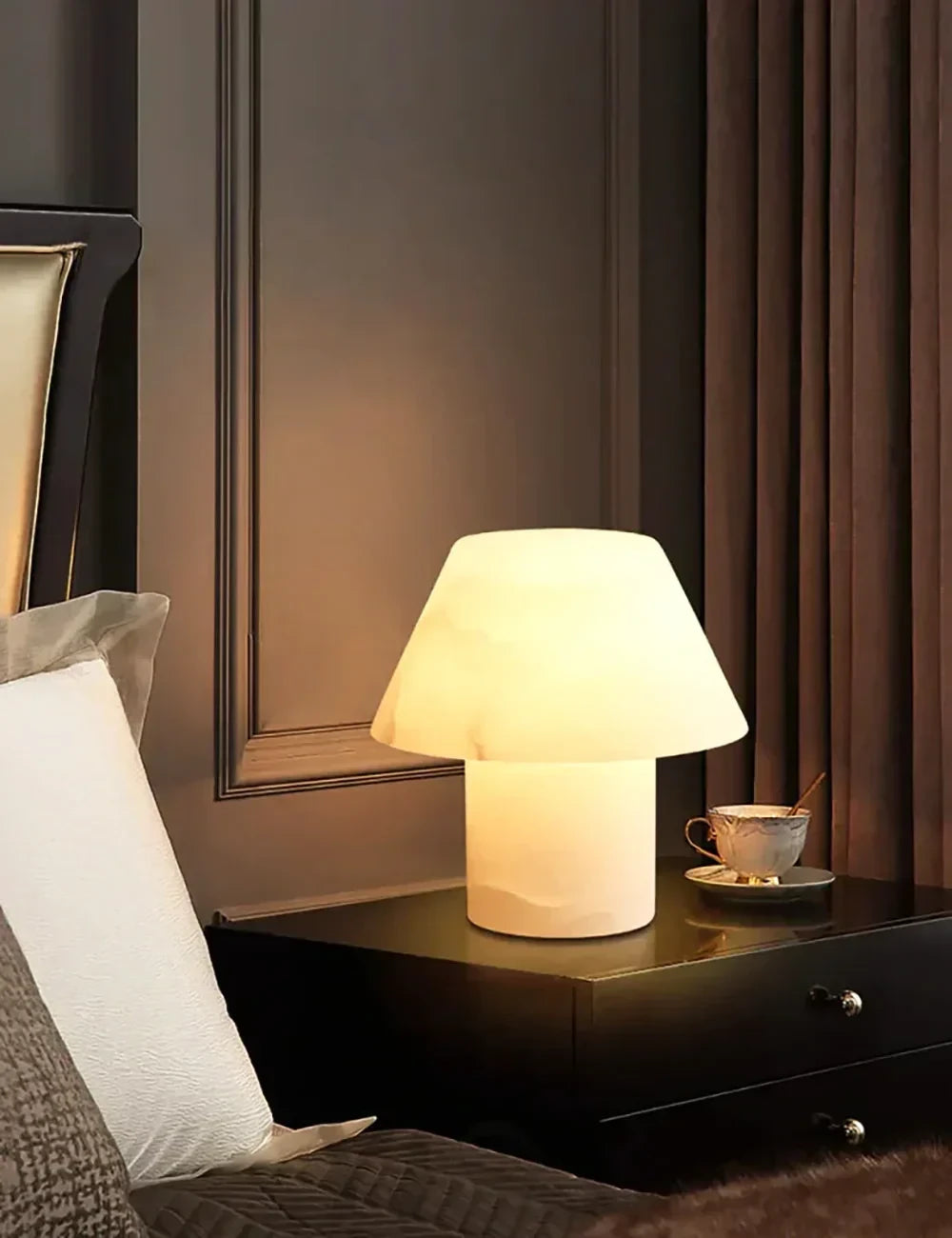 Modern Alabaster Table Lamp on Bedroom Nightstand