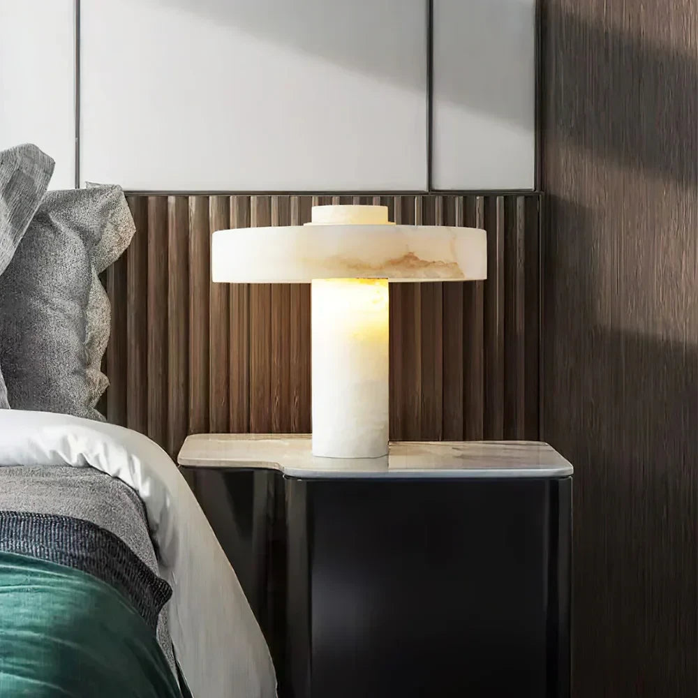 Alabaster Mushroom Table Lamp on Bedroom Nightstand